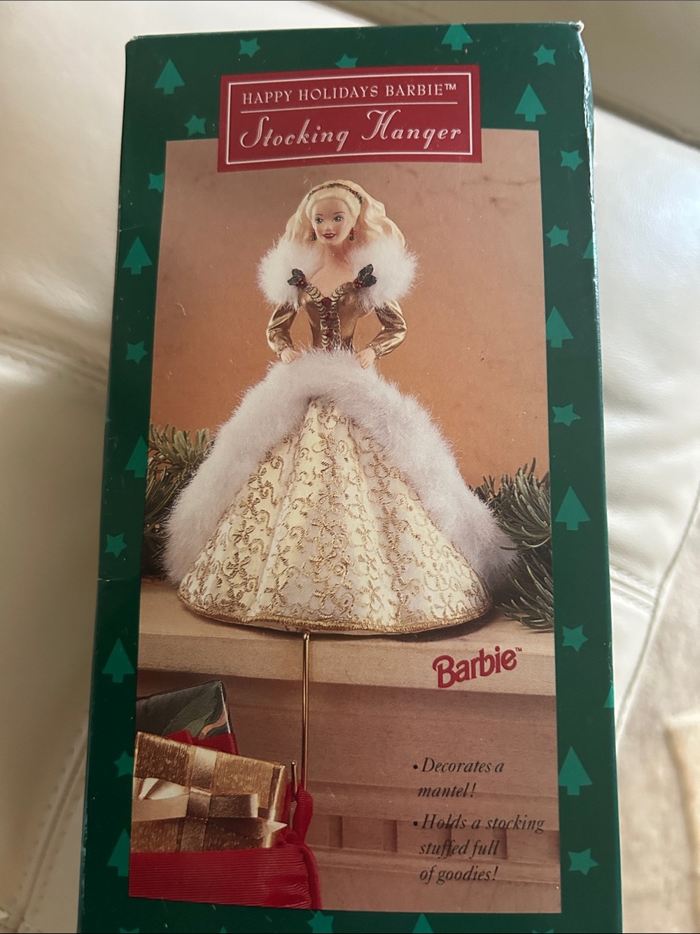 Gold Holiday Party Doll Christmas stocking holder Ceramic  - White Fur Trim
